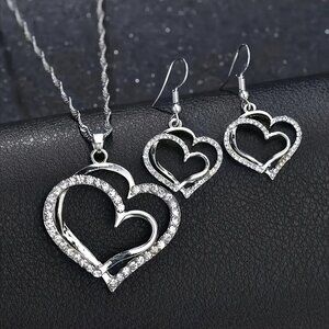 Double Silver Tone Heart‎ 3Pc Pendant Necklace & Earring Set